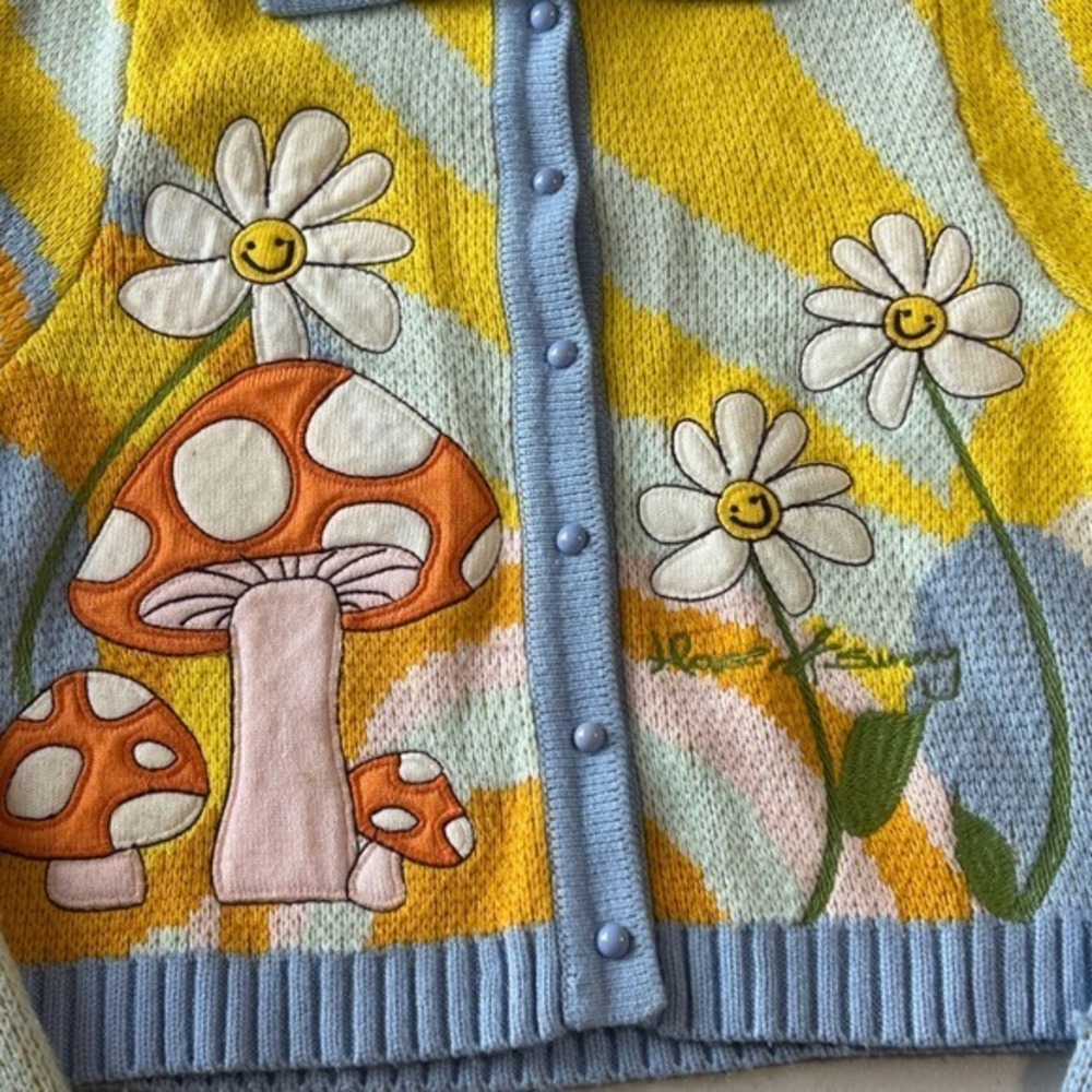 House of Sunny Mushroom Cardigan Smiley Daisy Knit Crop Sweater UK 8 - Picture 2 of 8
